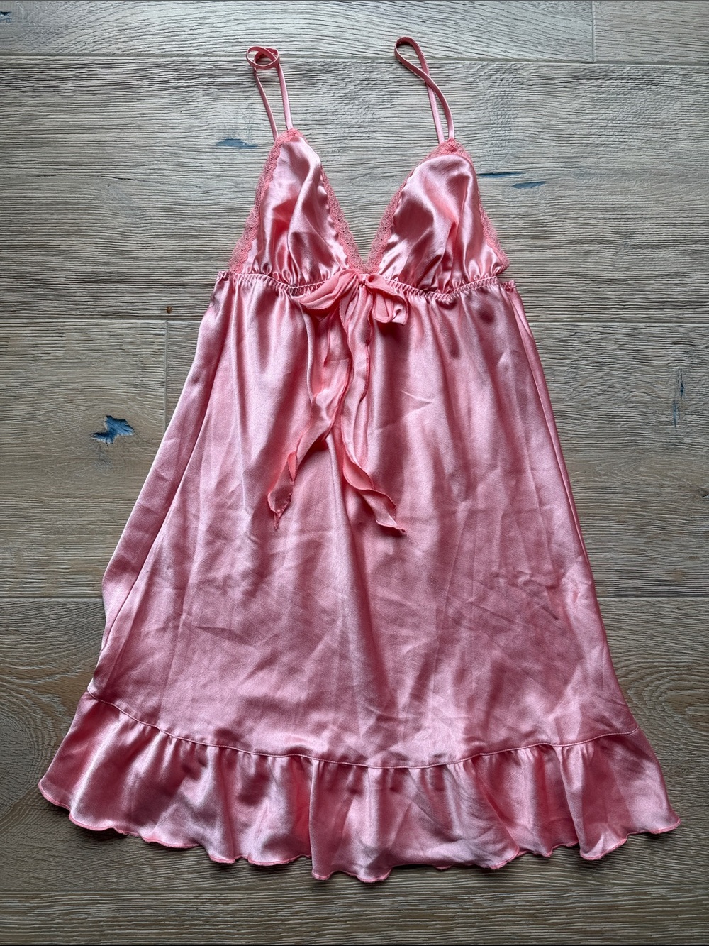 Vintage Y2K Victoria’s Secret Coral Pink Lace Trim Ruffle Cami Slip Nightie